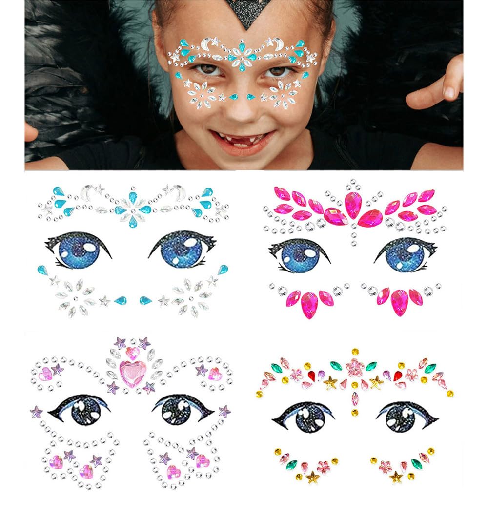 Kids Festival Face Jewels Gems – 4 Pack Sparkly Face Stickers & Crystal Temporary Tattoos – Fun Rhinestone Makeup for Girls for Halloween, Birthday, Christmas & Dress-Up Play
