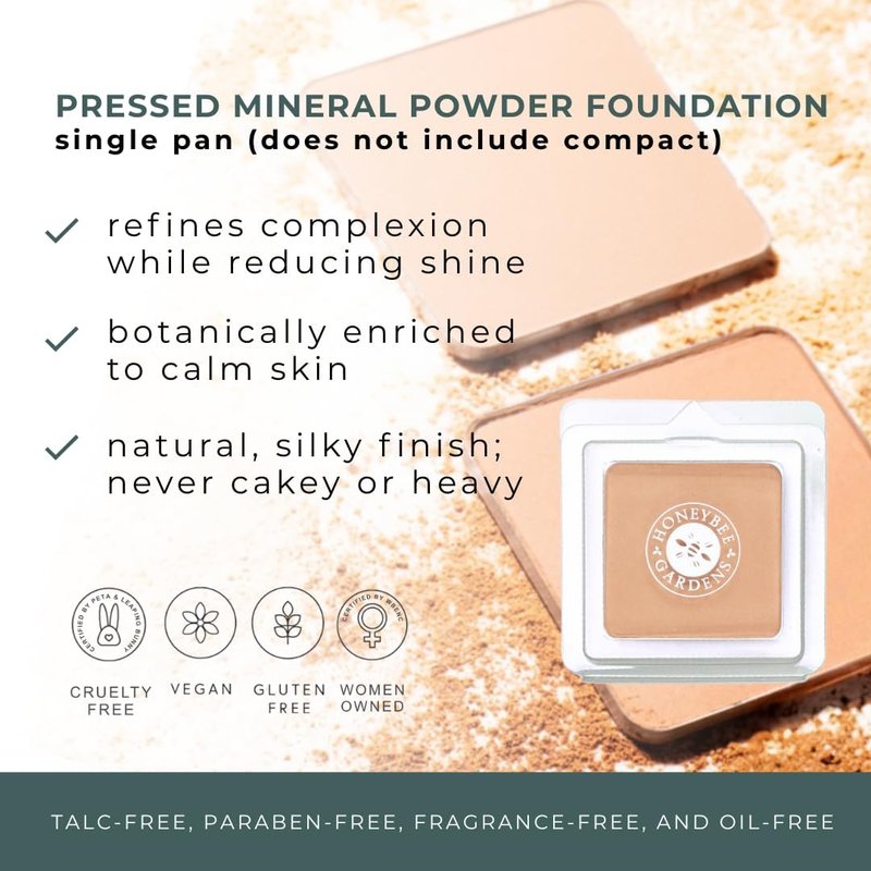 Honeybee Gardens Pressed Mineral Powder Foundation - Warm Tan Neutral Shade | Adjustable Coverage, Natural Finish, 7.5g
