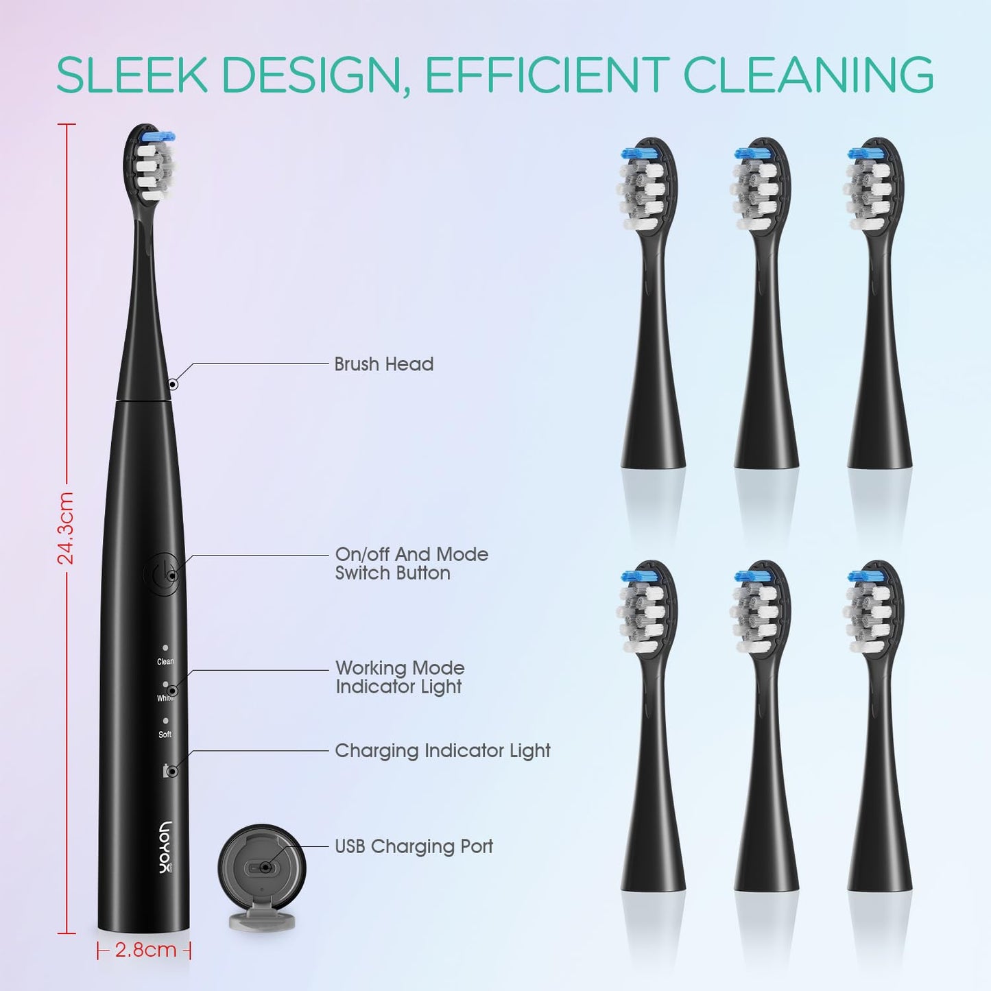 VOYOR-HEALTH Sonic Electric Toothbrush for Adults,Tooth Brushes with 6 Brush Heads,70-Day Battery Life,IPX7 Waterproof Rechargeable Travel Toothbrushes with 3 Modes for Family Use ET110(Black)