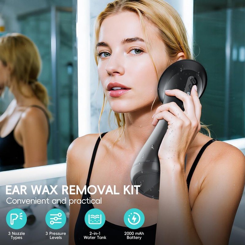 Ear Wax Removal with LED Display, Temodu Electric Ear Cleaner, Rechargeable Earwax Remove Removal Ear Irrigation System, 3 Pressure Modes Ear Cleaning Earwax Removal (12 Disposable Tips)-Black
