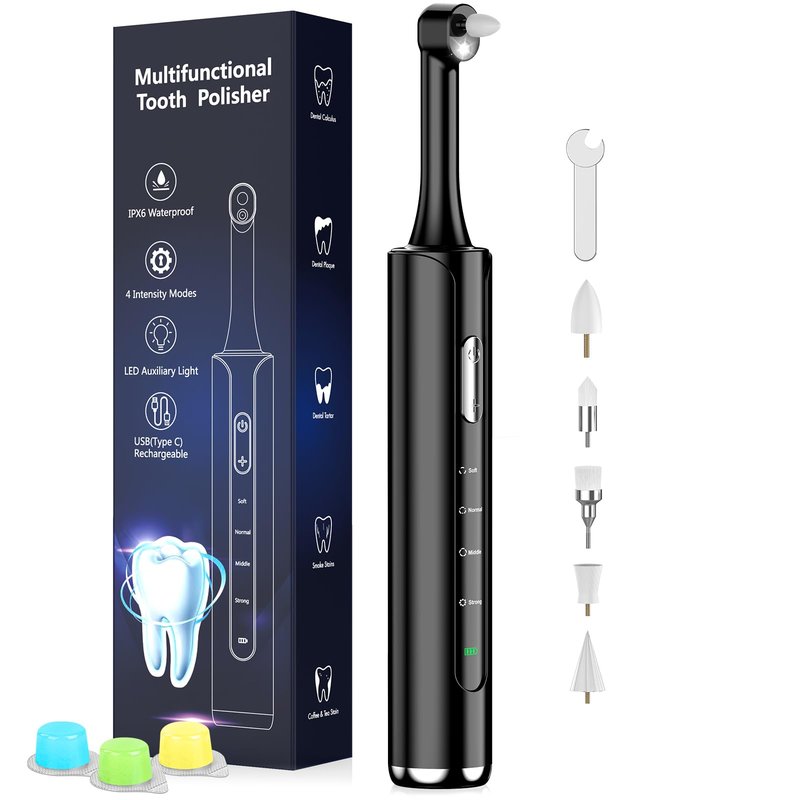 Tooth Polisher, Rechargeable Teeth Polisher with 5 Brush Heads, 4 Speed Modes, Tooth Whitening for Cleaning and Polishing, LED Light, 3 Polish Pastes, IPX6 Waterproof Teeth Cleaning Tools, Black
