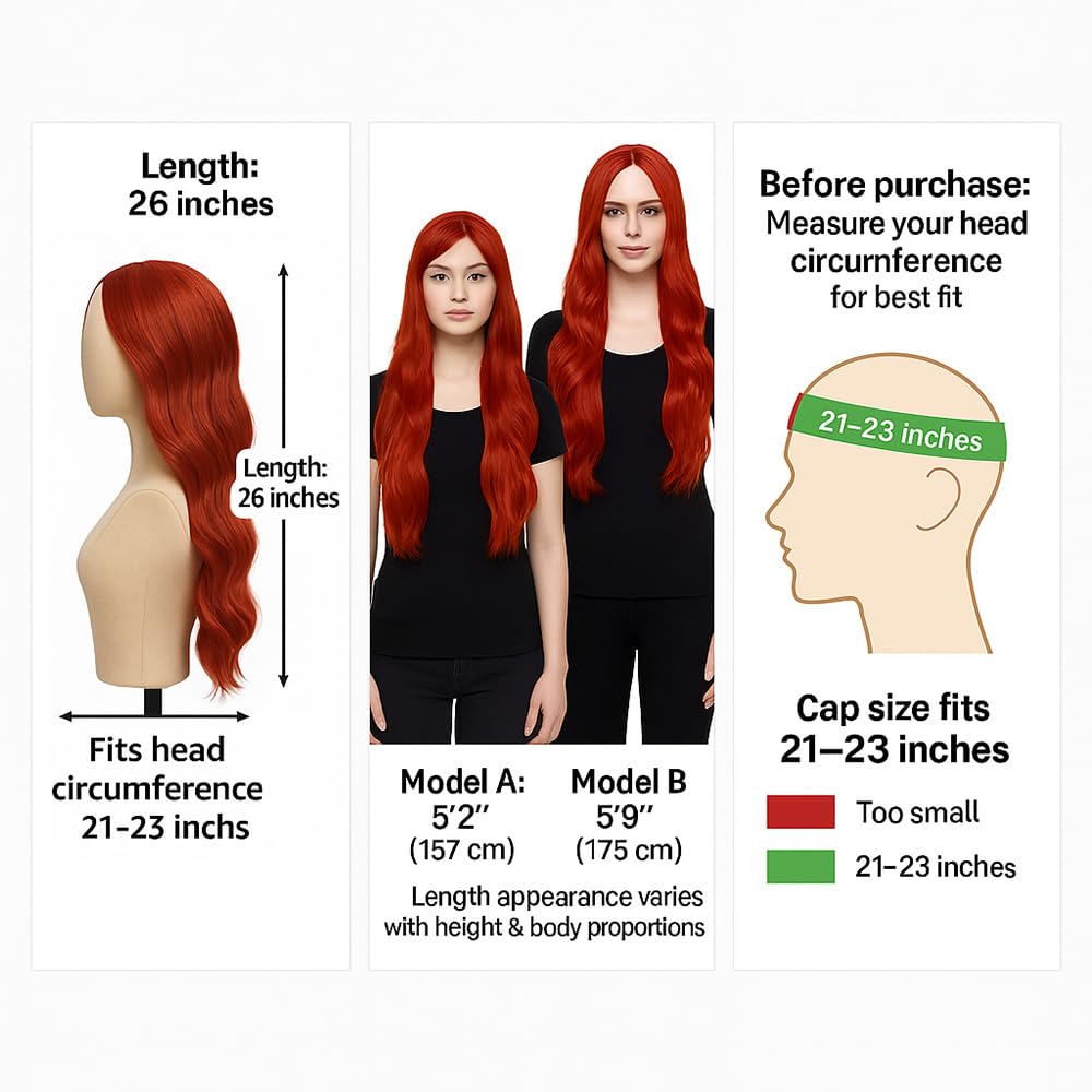 HMHIFI Long Red Wig for Women 26Inch Wavy Curly Wigs Synthetic Heat Resistant Hair Replacement Wig for Daily Party Halloween Costume