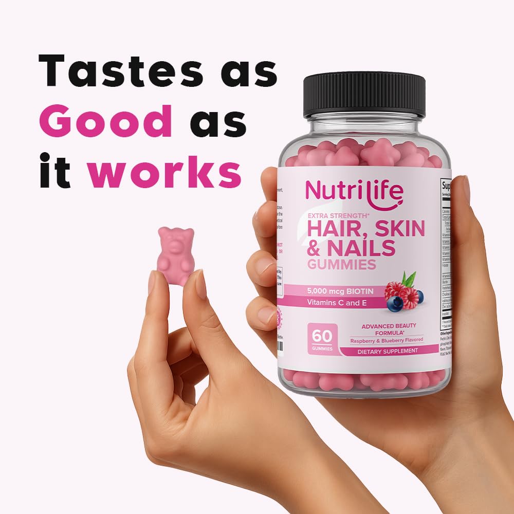 NutriLife Advanced Hair, Skin & Nails Gummies – Biotin with Vitamin C & E – Vegan Beauty Support – Promotes Hair Growth, Strong Nails & Radiant Skin – Non-GMO, Gluten-Free, Made in USA