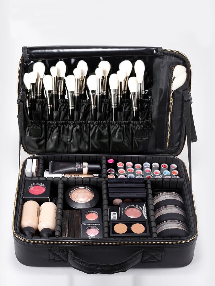 ROWNYEON Makeup Bag Cosmetic Makeup Train Case Artist Makeup Organizer Professional Portable Storage Bag for Women Girl Waterproof EVA Adjustable Dividers Large Black