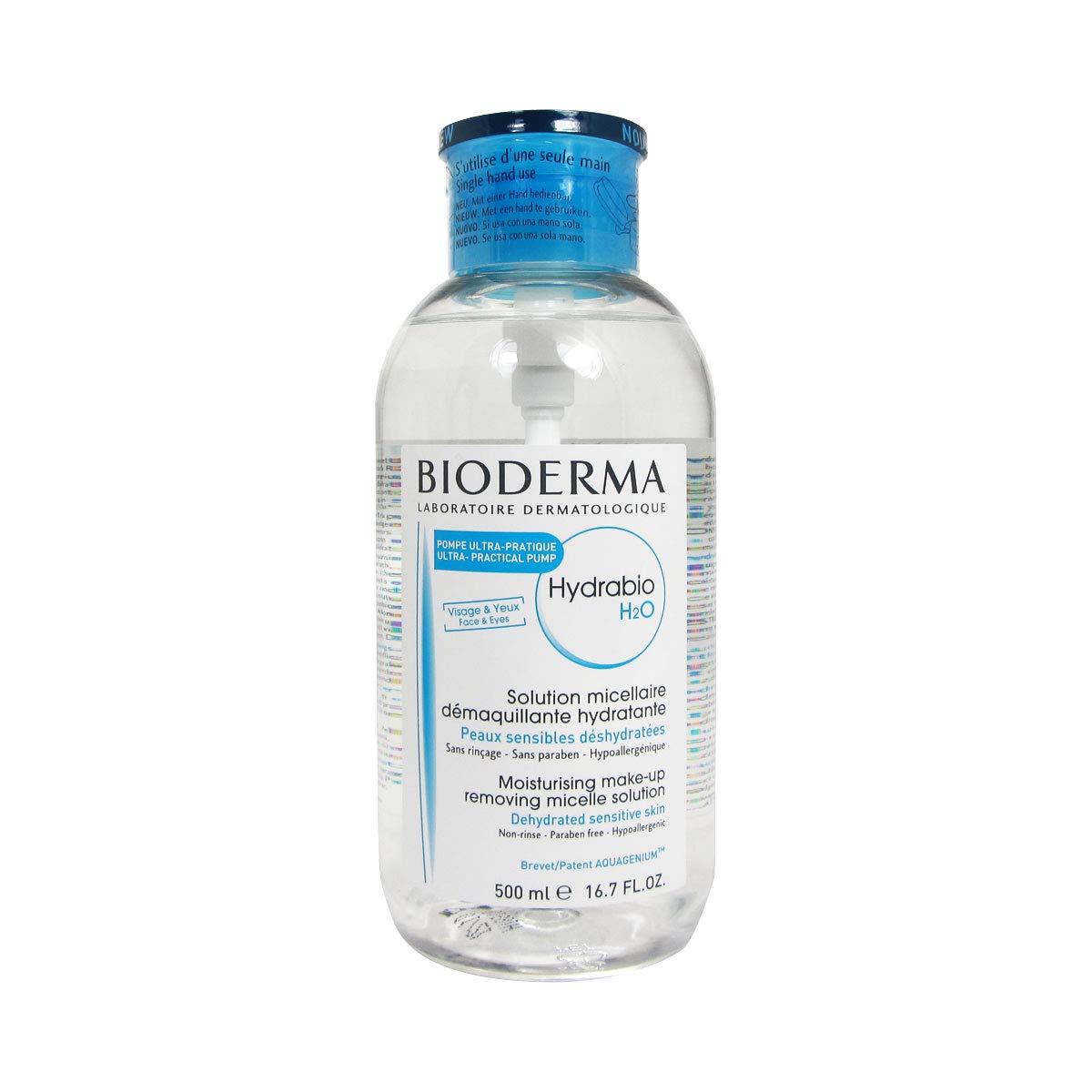 Bioderma Hydrabio H2O Micellar Water Pump, Cleansing and Makeup Removing Gentle Face Cleanser for Dehydrated Sensitive Skin, 16.9 Fl Oz