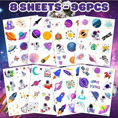 96PCS Galaxy Pre-Cut Temporary Tattoos for Kids - Outer Space Themed Birthday Party Supplies, Cute Stickers for Boys & Girls, Fun Party Favors, Classroom Prizes, Christmas Gifts