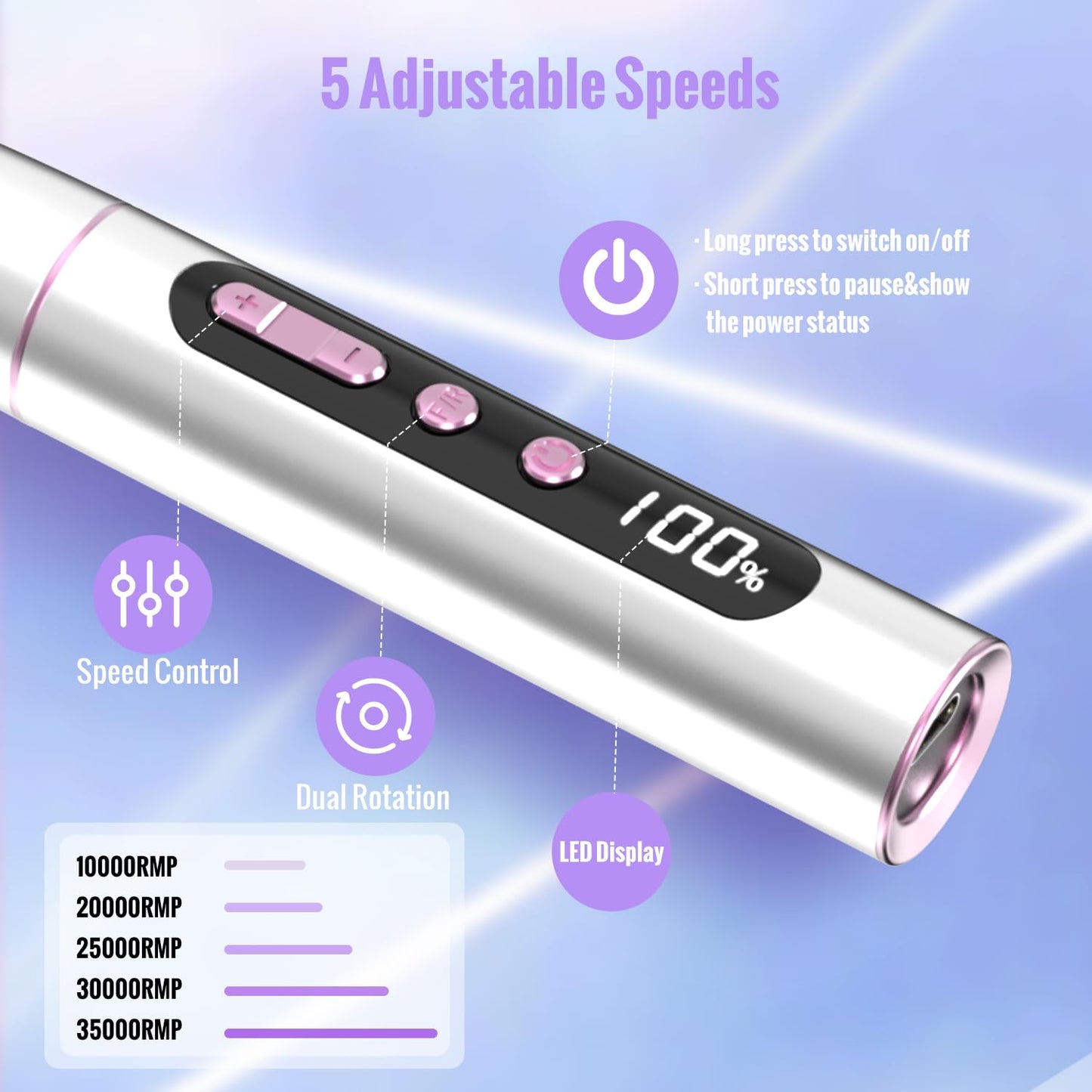 Denabuty Cordless Electric Nail Drill Machine, 13 in 1 Nail File Kit 35000RPM Professional Portable Rechargeable E File for Acrylic Polish Gel Removal Manicure Pedicure Set with 5 Speeds Violet