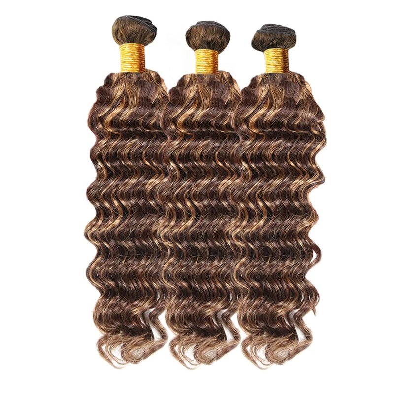 Biliisyff P4/27 Highlight Blonde Human Hair Bundles Ombre Brown Deep Wave 8 10 12 Inch Brazilian Virgin Remy Hair Extensions Two Tone Brown Mixed with Honey Blonde Soft and Silky