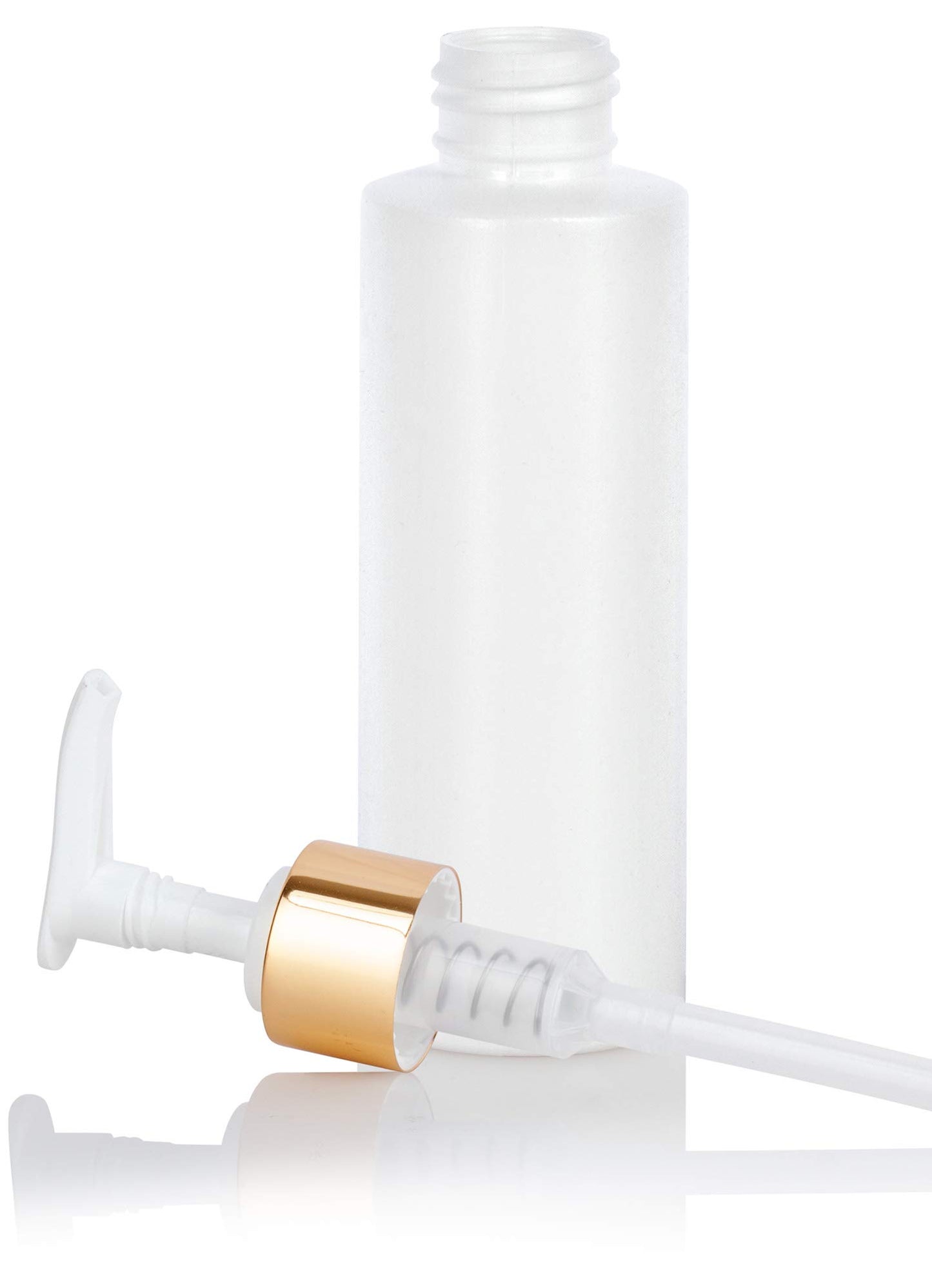 4 oz / 120 ml White Plastic HDPE Refillable Cylinder Squeeze Bottle with Gold Lotion Pump (12 Pack)