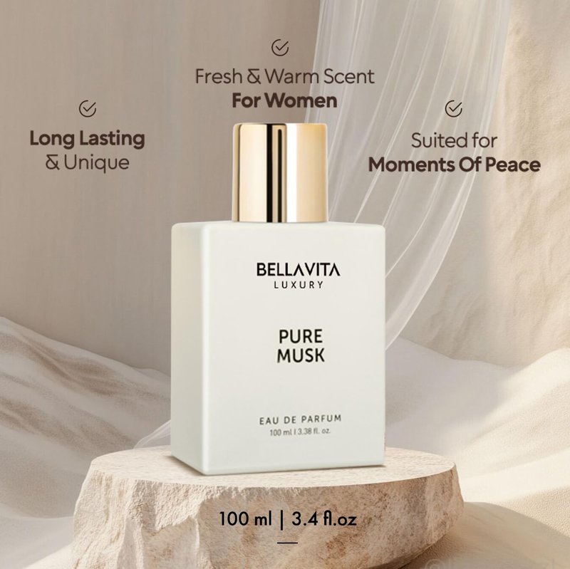 Bellavita Luxury Pure Musk Eau de Parfum | 100 ml (3.4 fl.oz.) | Perfume for Men and Women | Floral, Lily of the Valley, Sandalwood, Tolu Balsam Notes | Long Lasting Unisex Fragrance