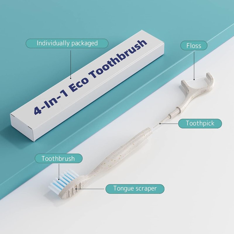 NUDUKO Travel Toothbrush Dental Floss Picks - 4 in 1 Biodegradable Disposable Toothbrushes with Tongue Scraper, Eco-Friendly Individually Wrapped Toothbrush for Adult Kids Travel Oral Care, 80 Pack