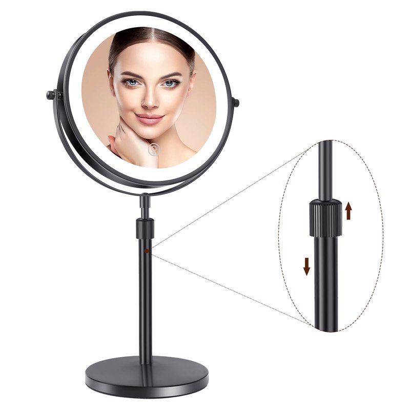 rndecuck 8" Lighted Makeup Mirror with Magnification 10x and 3 Color Light 2500mAh Rechargeable Height Adjustable 360° Rotation Double Sided LED Vanity Mirror for Desk (Black)