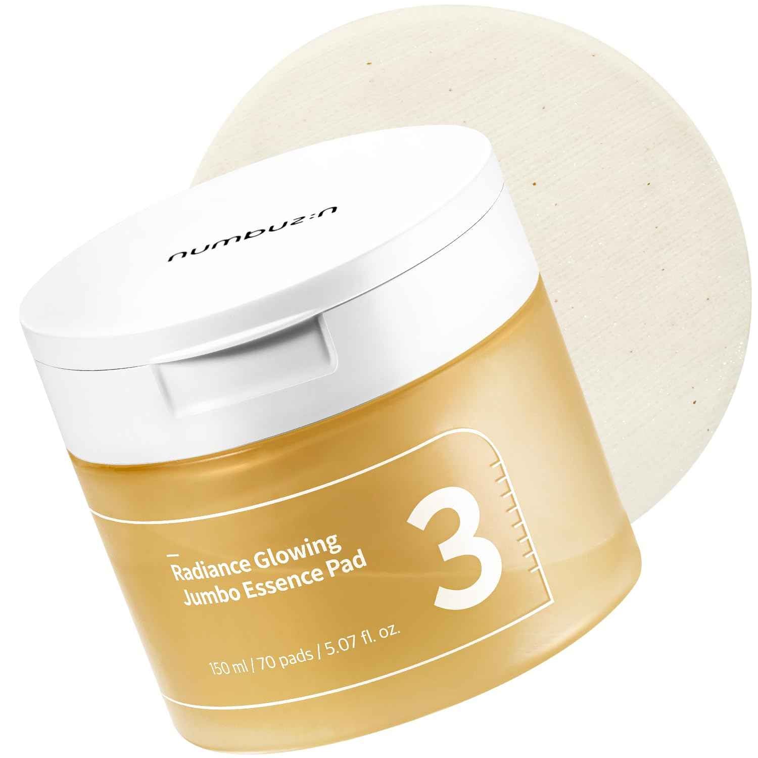 numbuzin No.3 Toner Pads | Radiance Glowing Jumbo Essence Pad | Clear Glass Skin, Texture Care | Biodegradable Vegan, Fermented Ingredients, Niacinamide | 70 Pads/5.07 fl. oz.