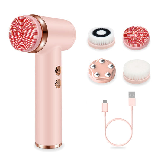 Electric Facial Cleansing Brush with 4 Brush Heads & 5 Speeds - IPX6 Waterproof, Type-C Fast Charging - for Deep Cleansing, Exfoliating, Pore Minimizing & Makeup Removal (Pink)
