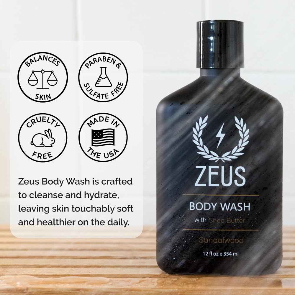 ZEUS Men's Natural Body Wash, Hydrating Shower Gel with Sandalwood Oil, Aloe Vera, Shea Butter & Invigorating Essential Oils for Skin Revitalization (Made in USA) 12 oz.