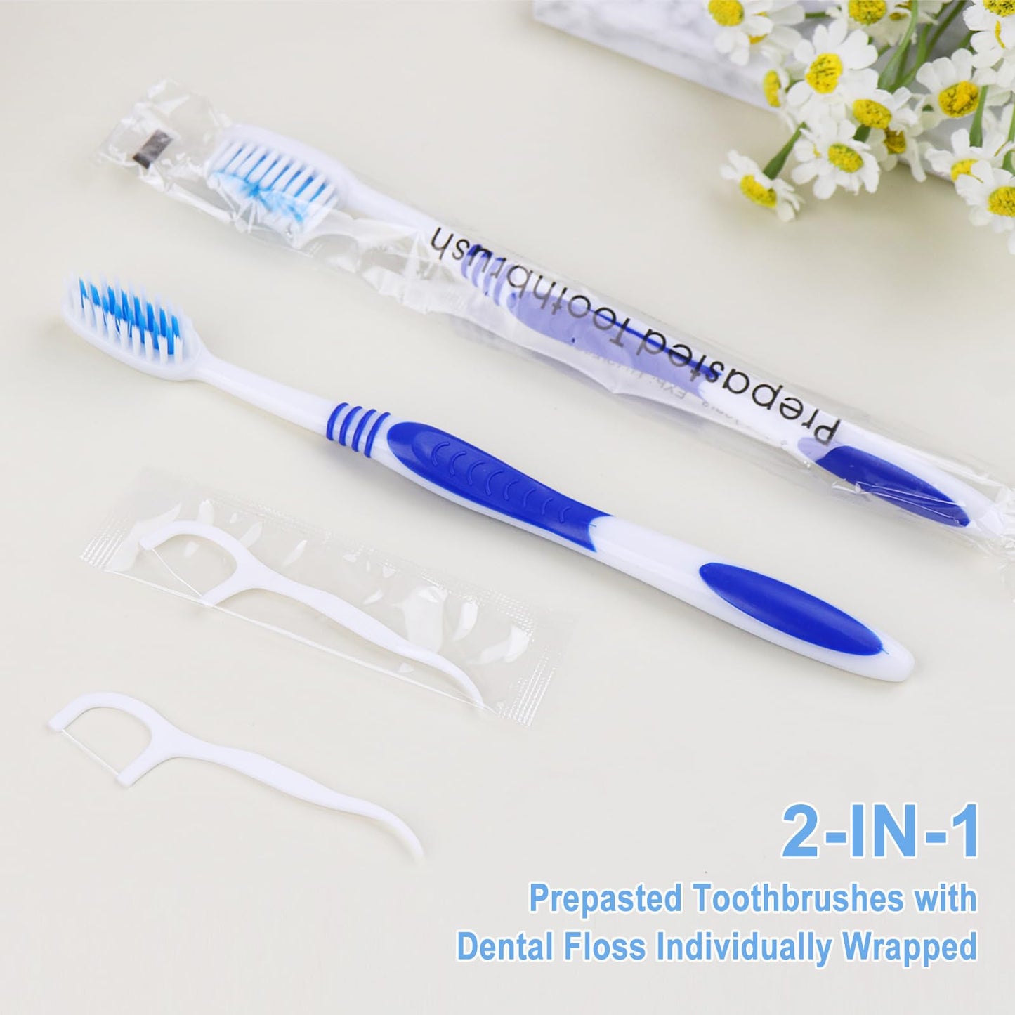 SLequipo 100 Prepasted Disposable Toothbrushes with Dental Floss Individually Wrapped Pre Pasted Toothbrushes Soft Bristle Travel Tooth Brush Single Use Wrapped for Hotel, Camping, Travel, Homeless