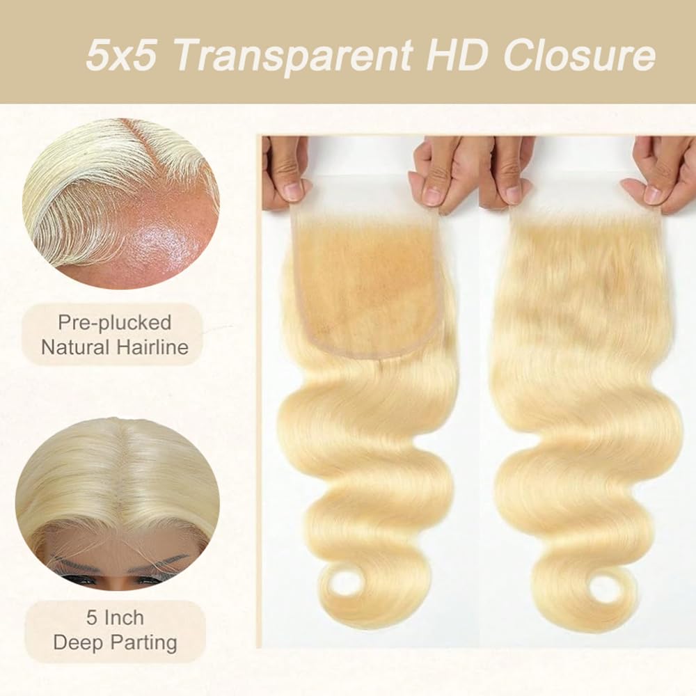 5x5 613 Closure Hd Lace Transparent Invisible Skinlike Lace Blonde Closure 12a Grade Body Wave Human Hair Pre Plucked With Baby Hair Free Part 14 Inch
