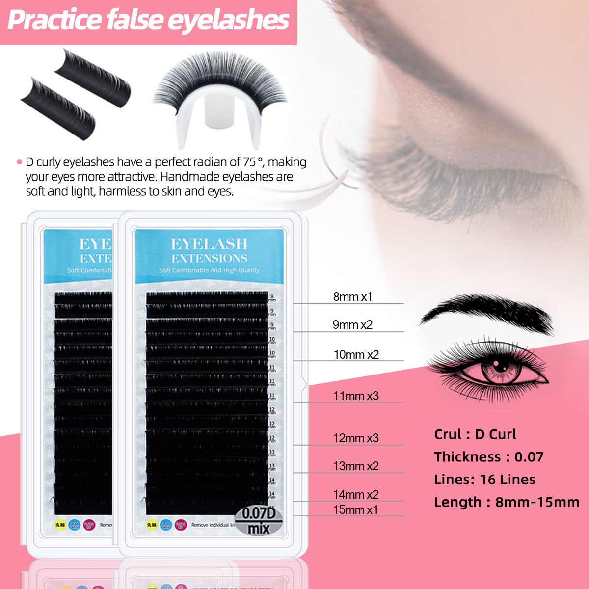 Lash Extension Kit Professional Eyelash Extensions Supplies Training for Beginners Mannequin Head Grafting Lash USB Fan Lash Shampoo Brush Spraye 0.07D Curl Mix 8-15mm Practice Eyelash Strips
