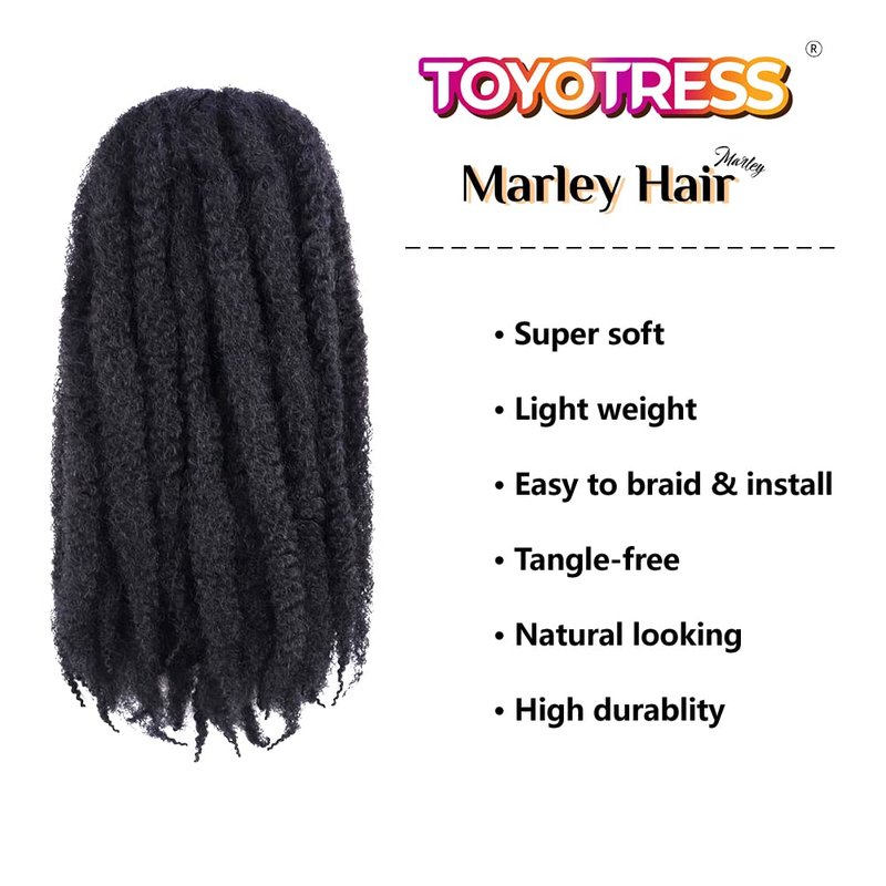 ToyoTress MarleyTwist Braiding Hair - 24 Inch 6 Packs Natural Black Long Marley Hair For Faux Locs, Afro Kinky Curly Marley Crochet Braids Synthetic Braiding Hair Extensions (24 Inch, 1B-6P)