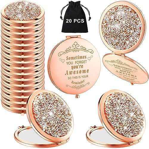 Cindeer 20 Pcs Small Compact Mirror Folding Pocket Makeup Round Hand Held Cosmetic Magnifying Compact Rhinestone Mirror with 1X/2X Magnification for Women Girls Travel (Gold Style)