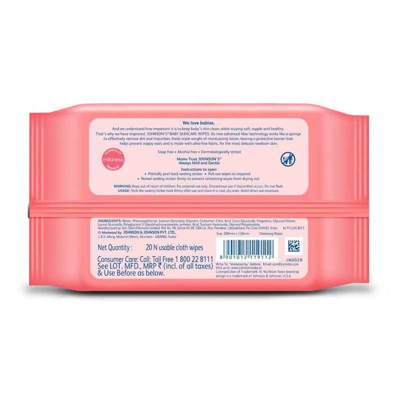 Johnsons Baby Skincare Wipes Gentle Cleaning for Little Hands & Faces 20 sheets Per Pack