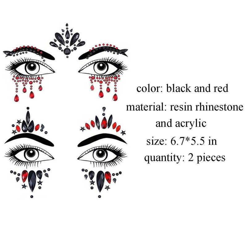 2 Packs Face Gems Jewels Black and Red for Halloween Festival Face Gems Tattoo Stickers Rhinestone Crystal Body Gems Stones for Women Party Costume Makeup