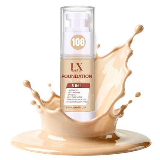 LXSKN 6-in-1 Makeup Infused with 1% Hyaluronic Acid- Matte + Poreless Liquid Foundation For A Glowing & Soft-Focus Look, Suitable for All Skin Types (108 Light, 6-in-1 Makeup Foundation)
