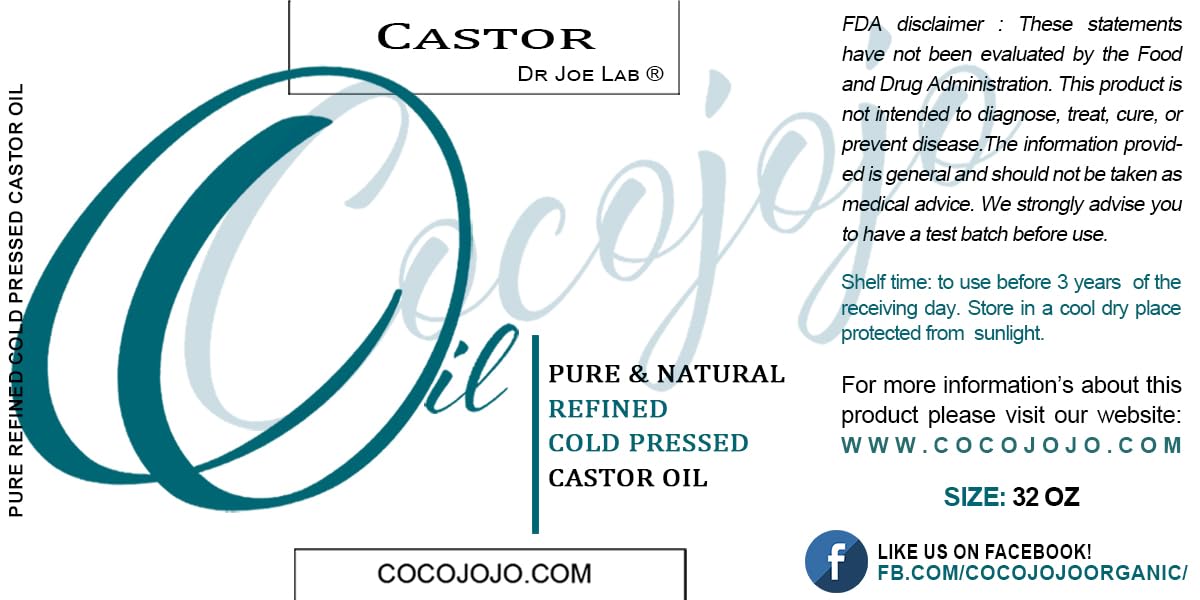 Dr Joe Lab Castor Oil, Cold Pressed Castor Oil, Refined, Pure Hexane Free Non GMO - Natural Moisturizing Hydrating Hair Skin Face Body Nails - 32 Oz