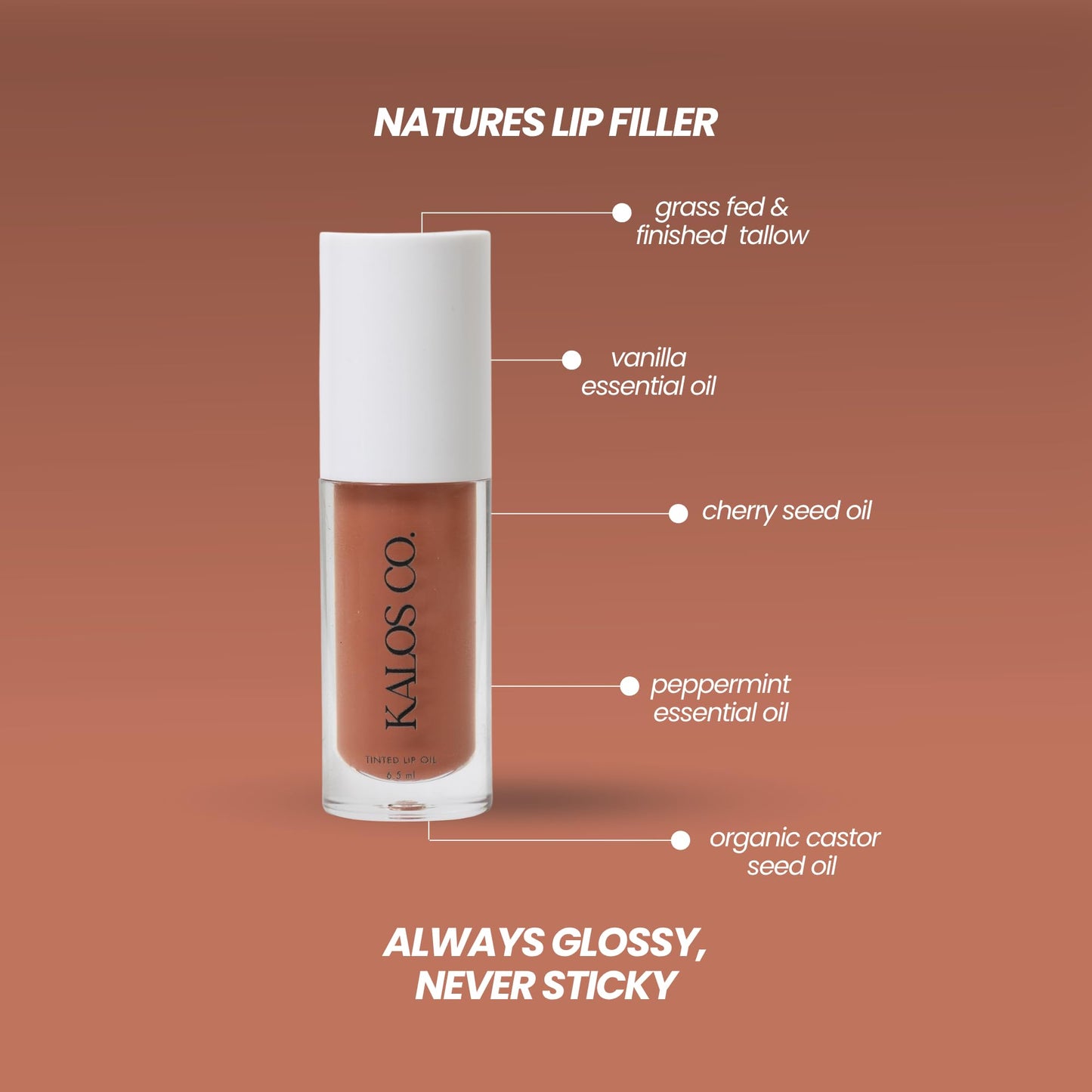 Kalos Co. Tinted Lip Oil with Tallow & Lanolin – Hydrating Balm-Gloss Hybrid with Cherry Seed Oil & Castor Oil – Natural Mineral Pigments, Nourishing Moisture, Non-Sticky Shine (5 Shades) (Poppy)