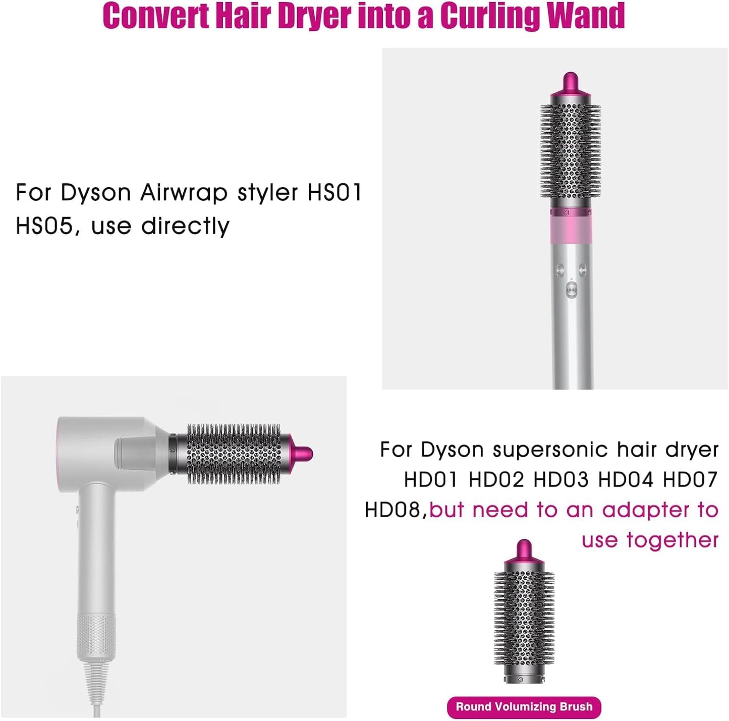 Hair Curling Iron Barrels & Round Brush Attachment for Dyson Supersonic Hair Dryer, 5 in 1 Hair Tools Replacement Parts Automatic Curling Suit, Accessories for Multiple Hair Styles