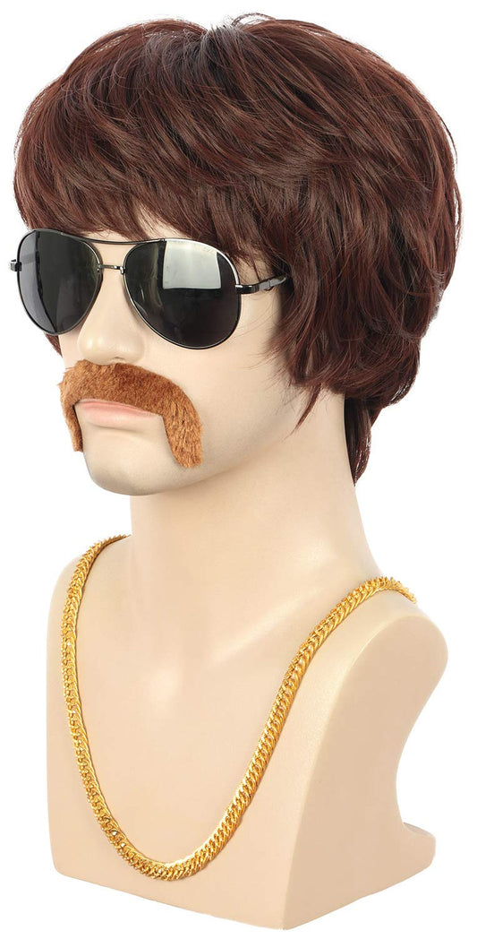 karlery Adult Men Short Straight Brown California 70s 80s Rocker Moustache Disco Wig with Necklace Halloween Costume Cosplay Anime Wig