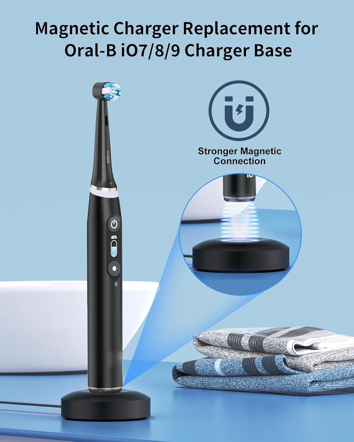 WUKUR for Oral B iO Charger Base, Compatible with Oral B iO Electric Toothbrush Series 7 8 9 10, Magnetic Travel Charging Base Model 3768, Power Cord (Black)