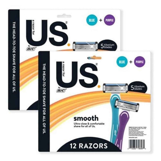 BIC Us. 5-Blade Unisex Disposable Razors For Men and Women, Lubrication Strip For a Smooth, Close Shave, 12-Count