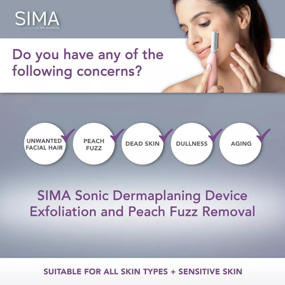 Spa Sciences SIMA DELUXE - Dermaplaning Tool for Painless Facial Exfoliation & Peach Fuzz Removal - 14 Weeks of Treatment Included
