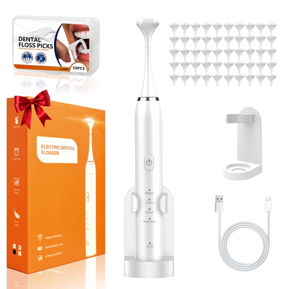 Electric Flosser for Teeth 4 Speeds,Electric Dental Flosser with 50 Replacement Heads,Rechargable Power Flosser for Teeth Cleaning Adults Men and Women