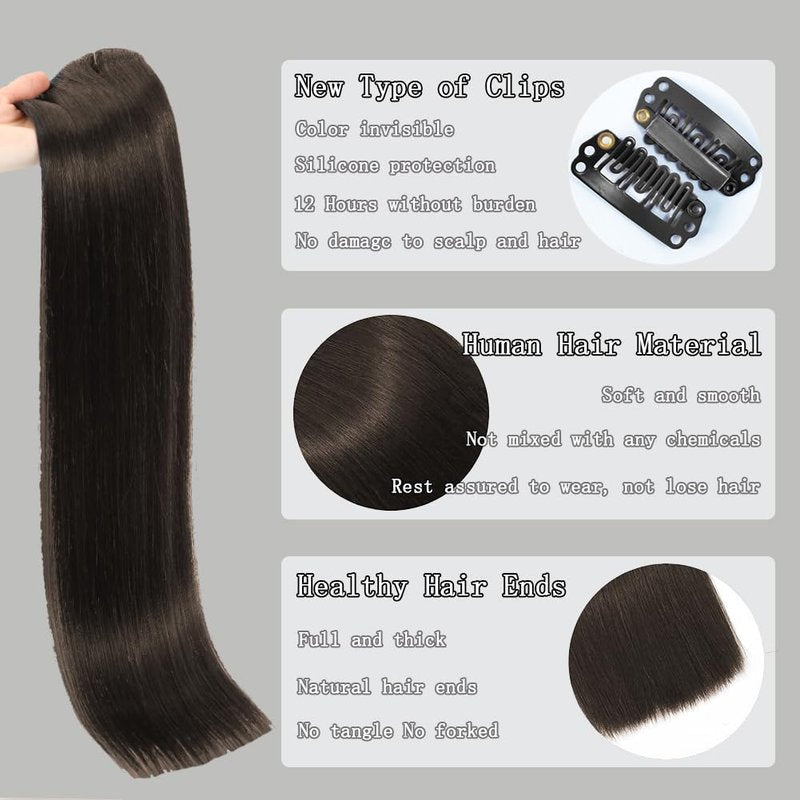 Real Human Hair Clip-In Extensions - 100% Brazilian Remy, Seamless & Invisible | 16 Inch, 7pcs, #2 Dark Brown