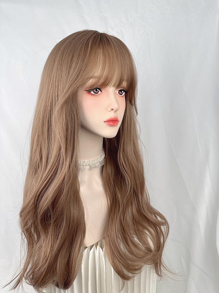 huafan luxkazya Milk Tea Brown Long Wig with Bangs Long Wavy Wig for Women Realistic Wigs Synthetic Wigs for Women Daily Use