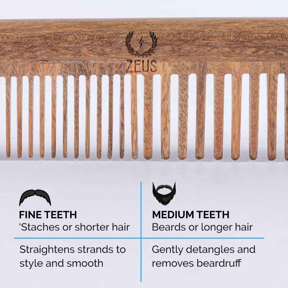 ZEUS Sandalwood Beard & Mustache Comb for Men with Leather Case, Handmade Anti-Static Saw-Cut Wood Comb for Grooming (L31)