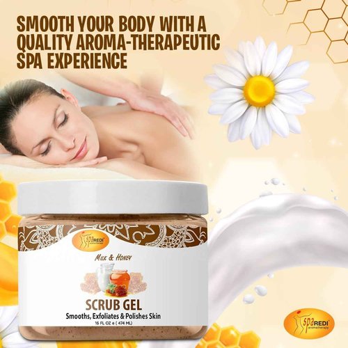 SPA REDI – Exfoliating Scrub Pumice Gel, Milk and Honey, 16 Oz - Manicure, Pedicure and Body Exfoliator Infused with Hyaluronic Acid, Amino Acids, Panthenol and Comfrey Extract