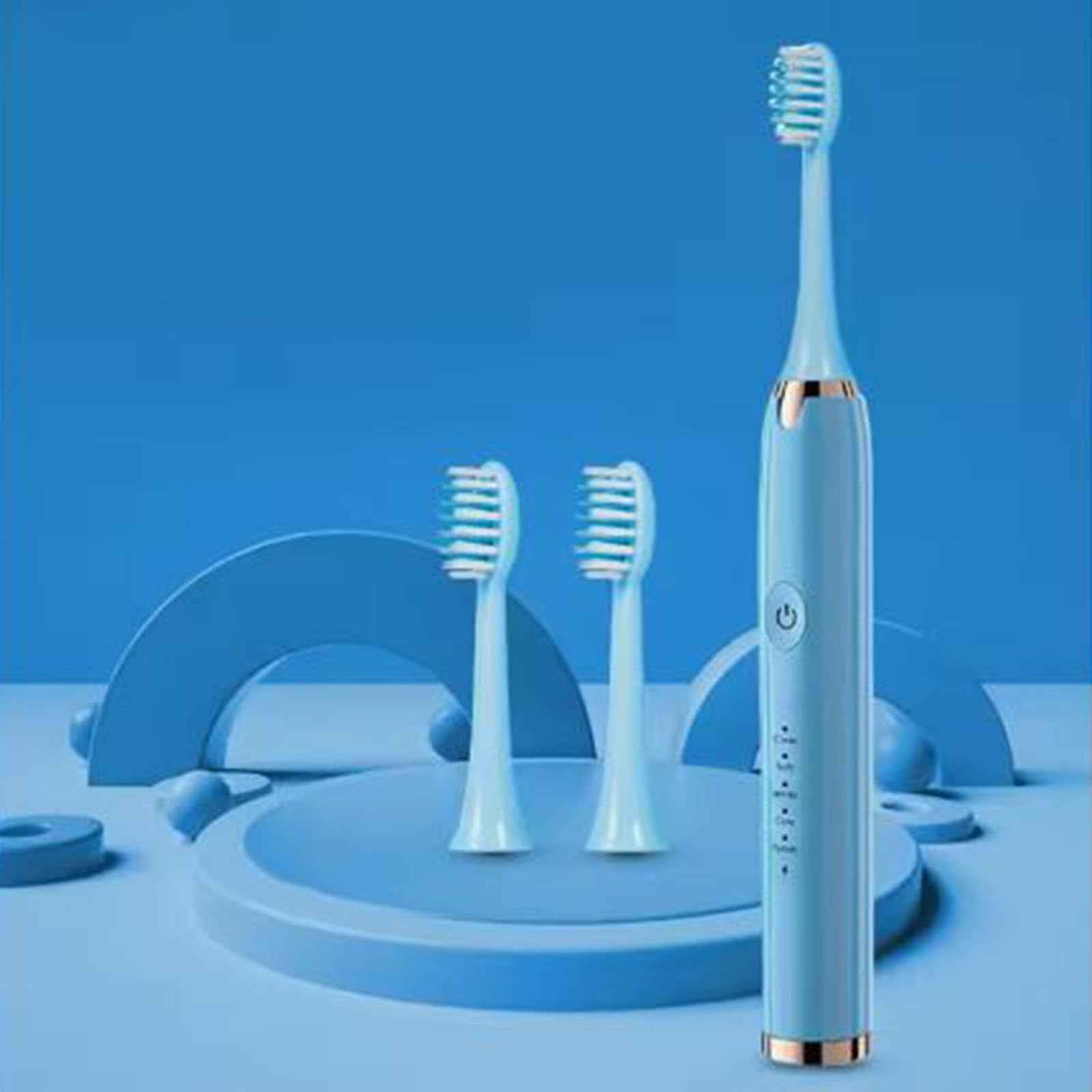 QYKCGQ Portable Adult Travel Electric Toothbrush, Rechargeable Sonic Electric Toothbrush with 3 Brush Heads, 2 Minutes 5 Modes Smart Timer, 48000vpm (Blue