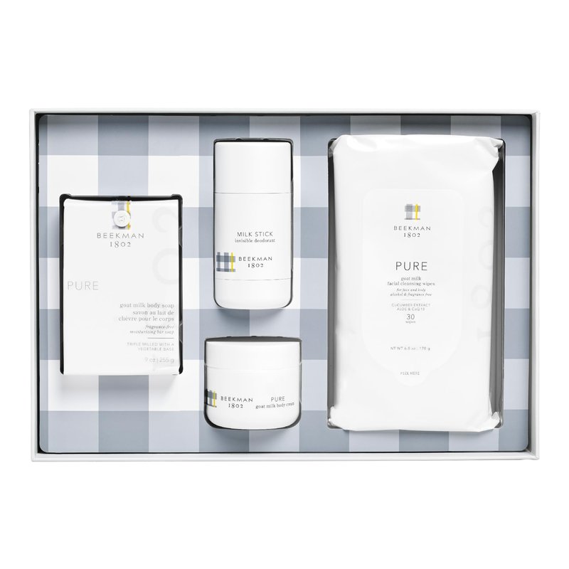 Beekman 1802 Pure Goat Milk 4-Piece Bodycare Gift Set - Includes Body Bar Soap (9 oz), Mini Whipped Body Cream, Facial Cleansing Wipes (30 ct) & Milk Stick Natural Deodorant (2.5 oz)
