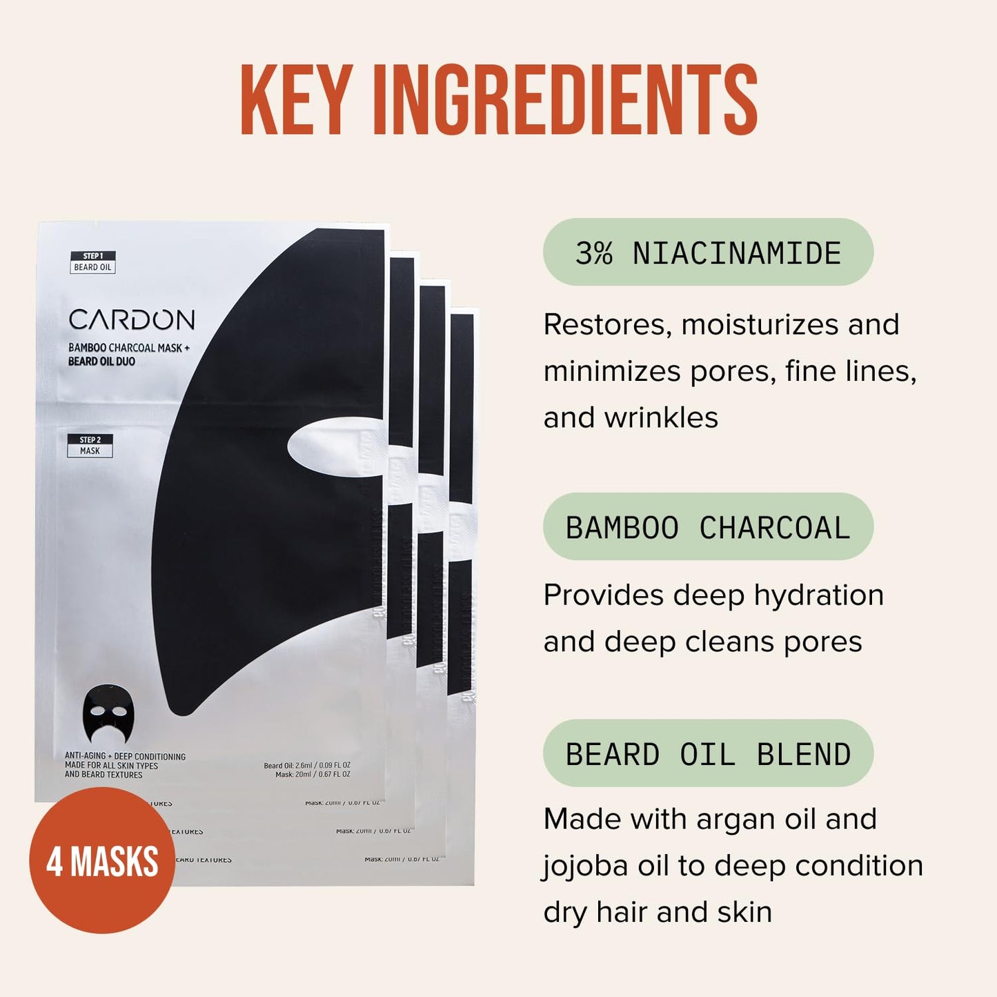 Cardon Complete Face & Beard Care Sheet Masks for Men - Korean Face Masks Skincare with Bamboo Charcoal Detox + Premium Beard Oil - 4 Pack for Deep Hydration, Anti-Aging & Post-Shave Comfort