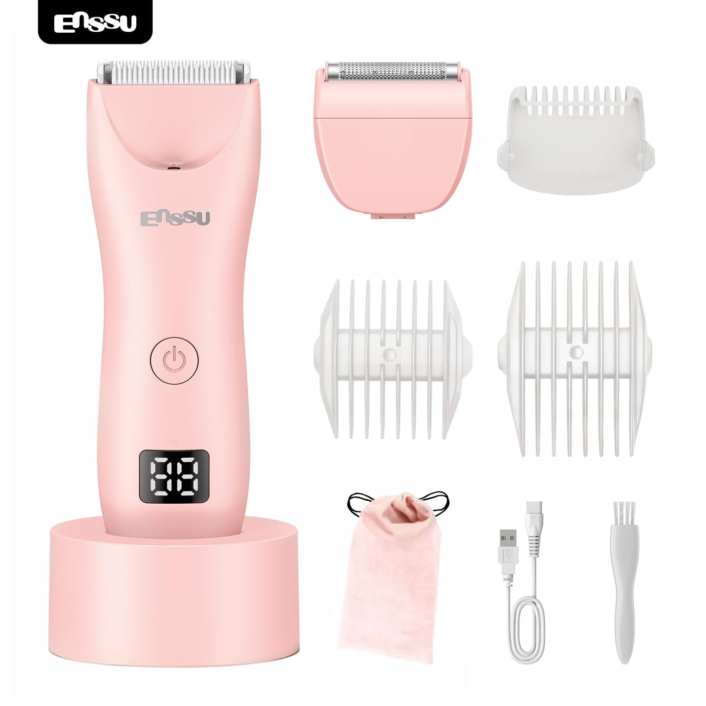 ENSSU Bikini Trimmer for Women - 2 in 1 Pubic Hair Trimmer IPX7 Waterproof, Razors for Women with LED Light & USB Charge, Painless Electric Shaver with Ceramic Blade for Bikini Legs Arm Underarm