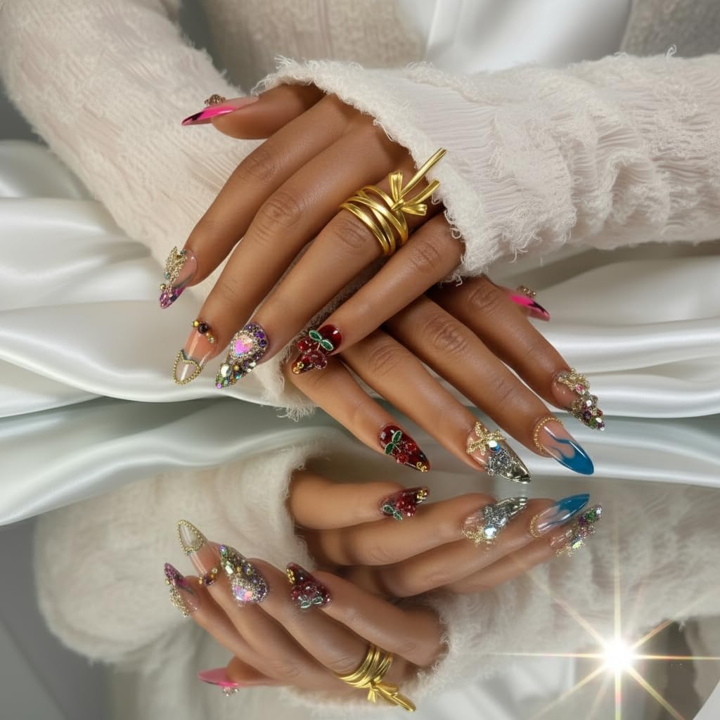 Handmade Almond Press-On Nails | 3D Heart, Star & Flame Charms - Pink Design for Women