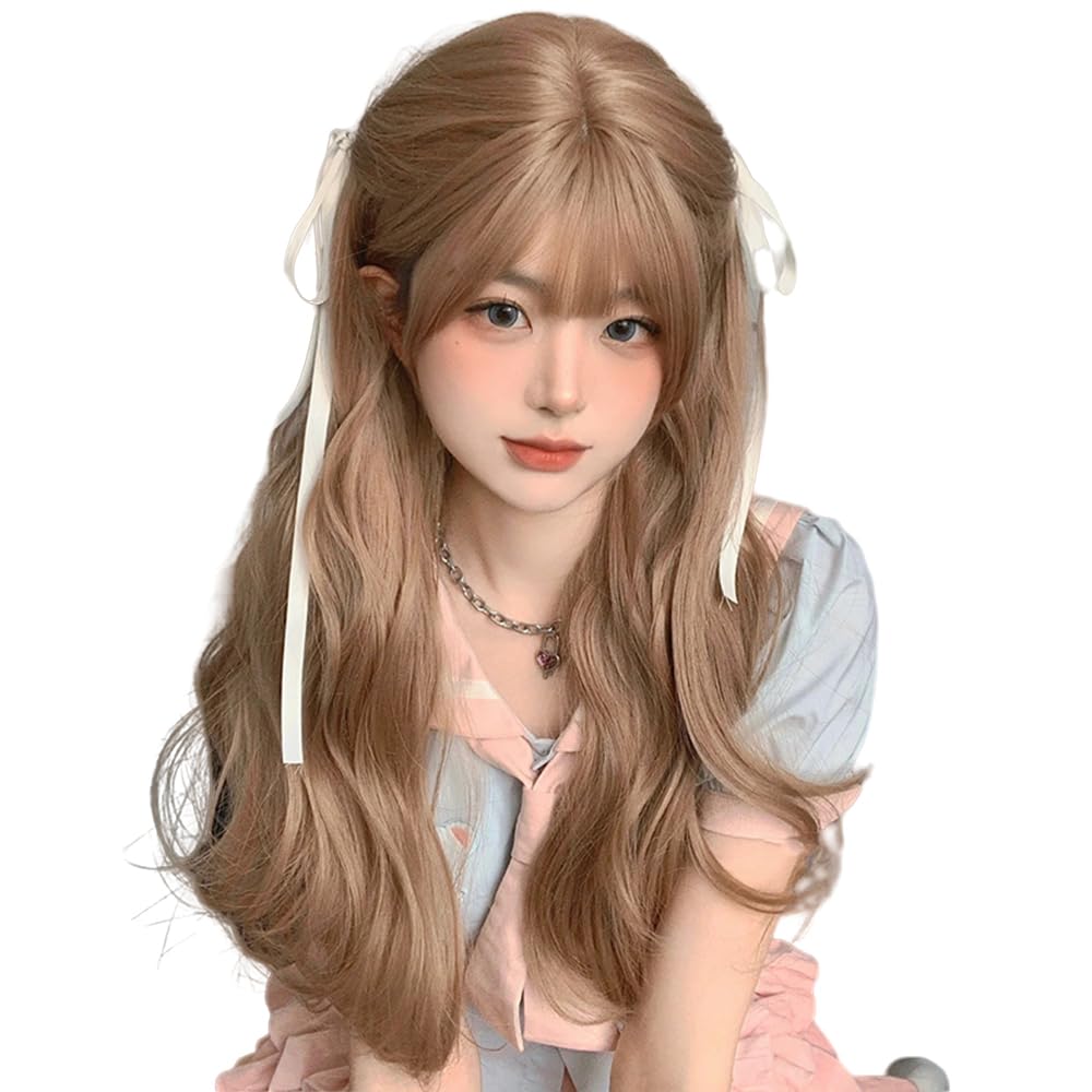 huafan luxkazya Milk Tea Brown Long Wig with Bangs Long Wavy Wig for Women Realistic Wigs Synthetic Wigs for Women Daily Use