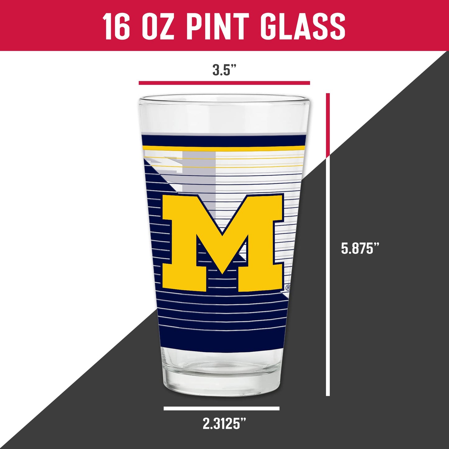Rico Industries NCAA Michigan Wolverines 16 oz Pint Glasses with Digitally Printed Logo, Practical Set of 2 Classic Drinking Glasses, for Fans, Dishwasher Safe