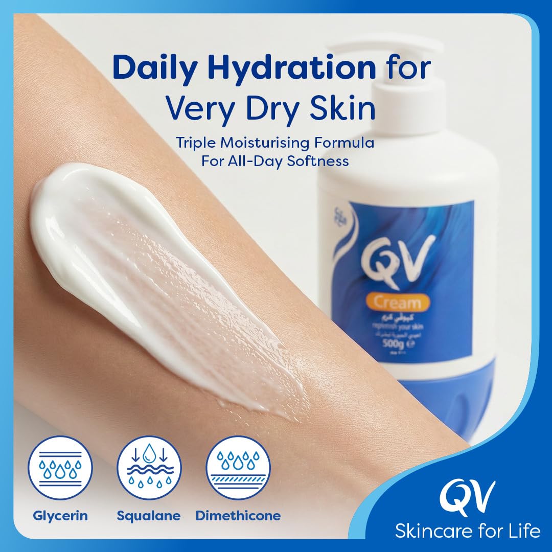 QV Cream with 10% Glycerin (1050g) Rich Protective Moisturiser for Sensitive, Dry Skin, Fragrance Free, Noncomedogenic Body Cream, Hydrating Skin Care for Eczema, Psoriasis, Dermatitis, Pump Bottle