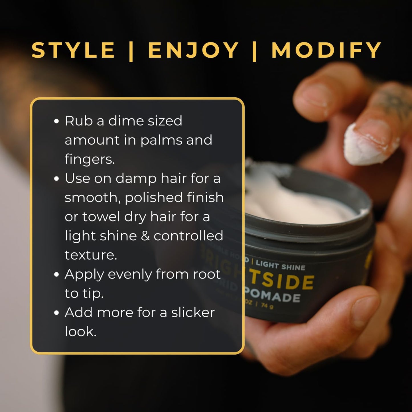 BRIGHTSIDE Hybrid Pomade - Flexible Hold Light Shine - Water Based - Shea Butter Beeswax, Jojoba Oil, & Ozokerite Blend - For All Hair Types - Easily Washes Out - Premium Hair Styling Product (2.5oz)