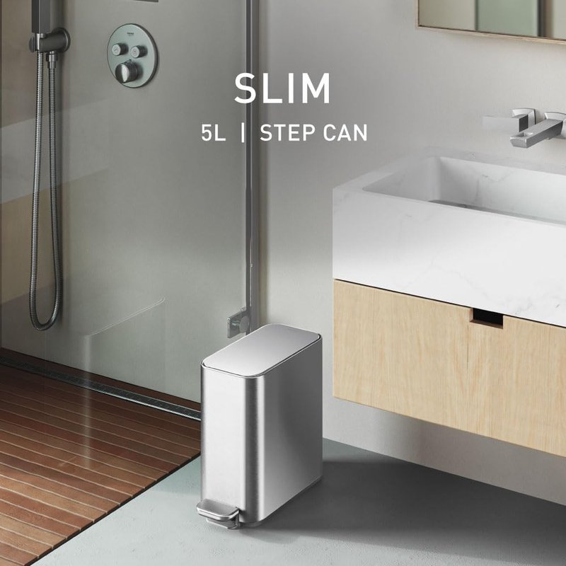Simplehuman Slim Step Trash Can - 5L Compact Bathroom Bin with Silent Close Lid & Steel Pedal | Brushed Stainless Steel