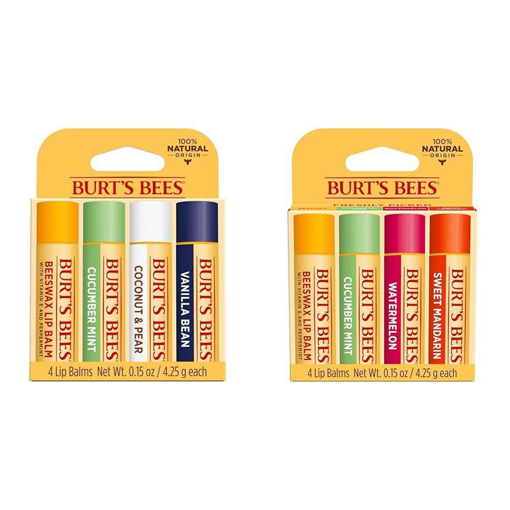 Burt's Bees Lip Balm Stocking Stuffers, Moisturizing Lip Care Christmas Gifts, Sweet Sorbet & Beeswax, Cucumber Mint, Watermelon and Sweet Mandarin Lip Balm Pack